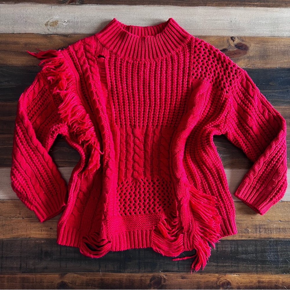 Red distressed fringe lumiere sweater size medium